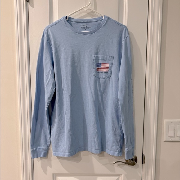 Light Blue Patriotic Vineyard Vines Small Long Sleeve Tee - Picture 1 of 5